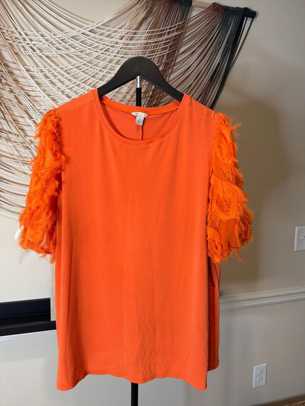 3 for $9 Cato orange with feather puff sleeve top L 3037